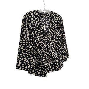 JNY Size L Blouse Pullover Surplice Side Ruched 3/4 Sleeve Stretch Faux Wrap